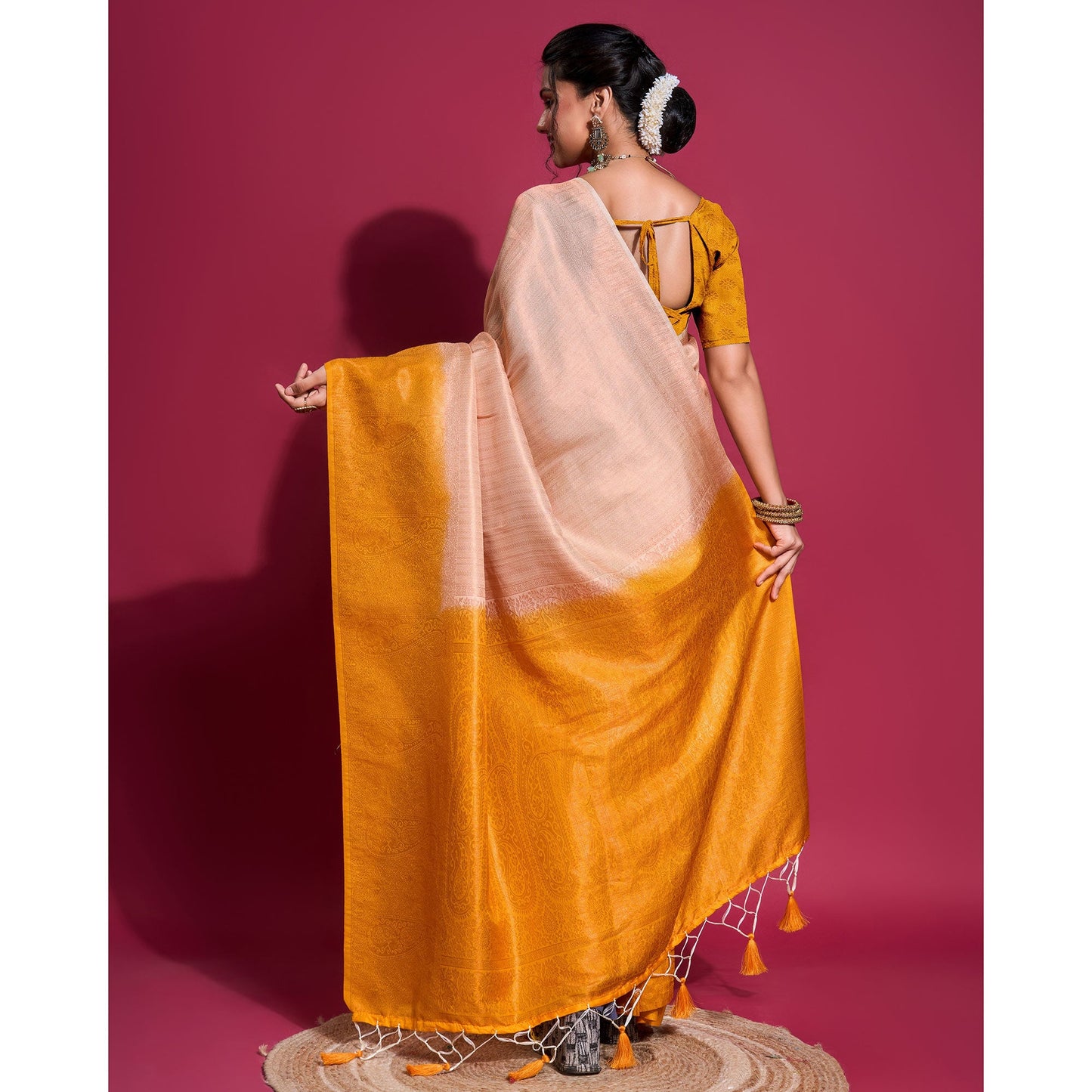 Peach & Yellow Woven Kanjivaram Silk Saree With Tassels