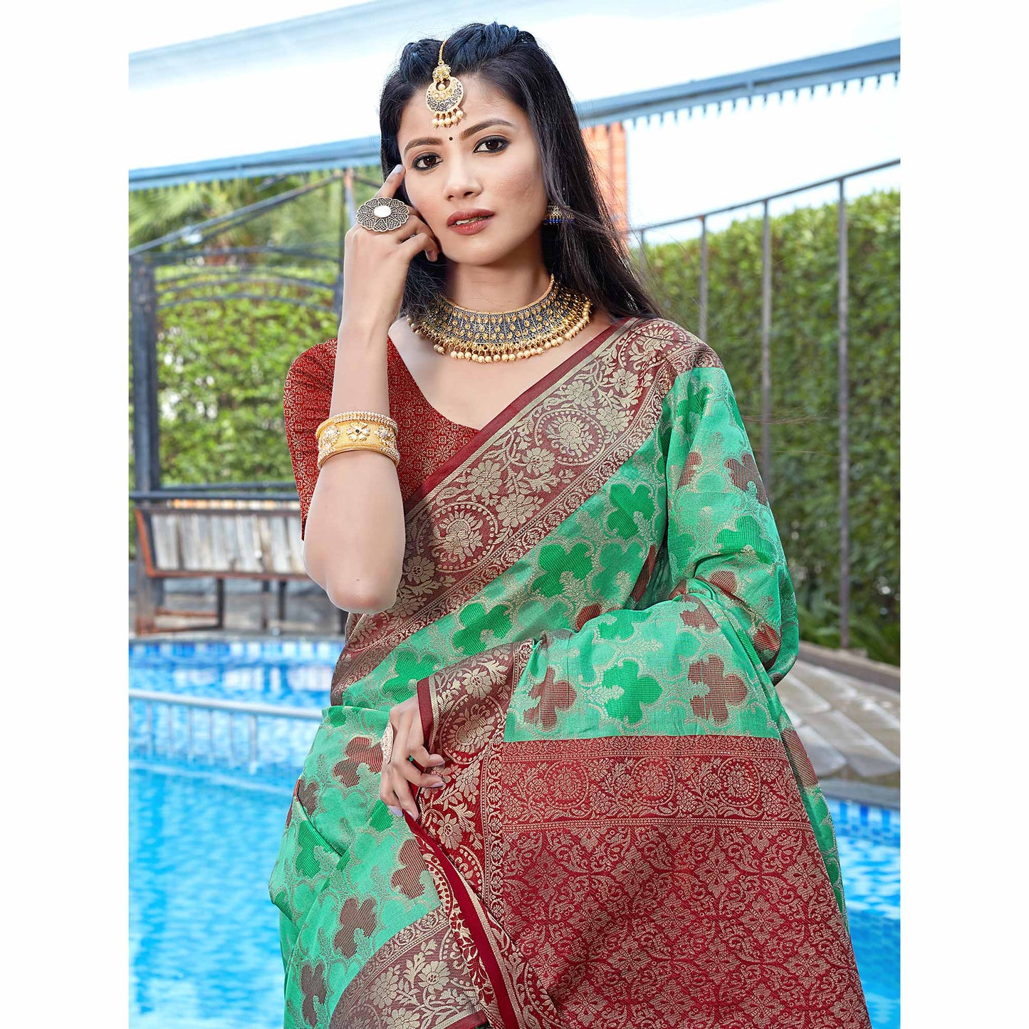 Rama Green Floral Woven Art Silk Saree