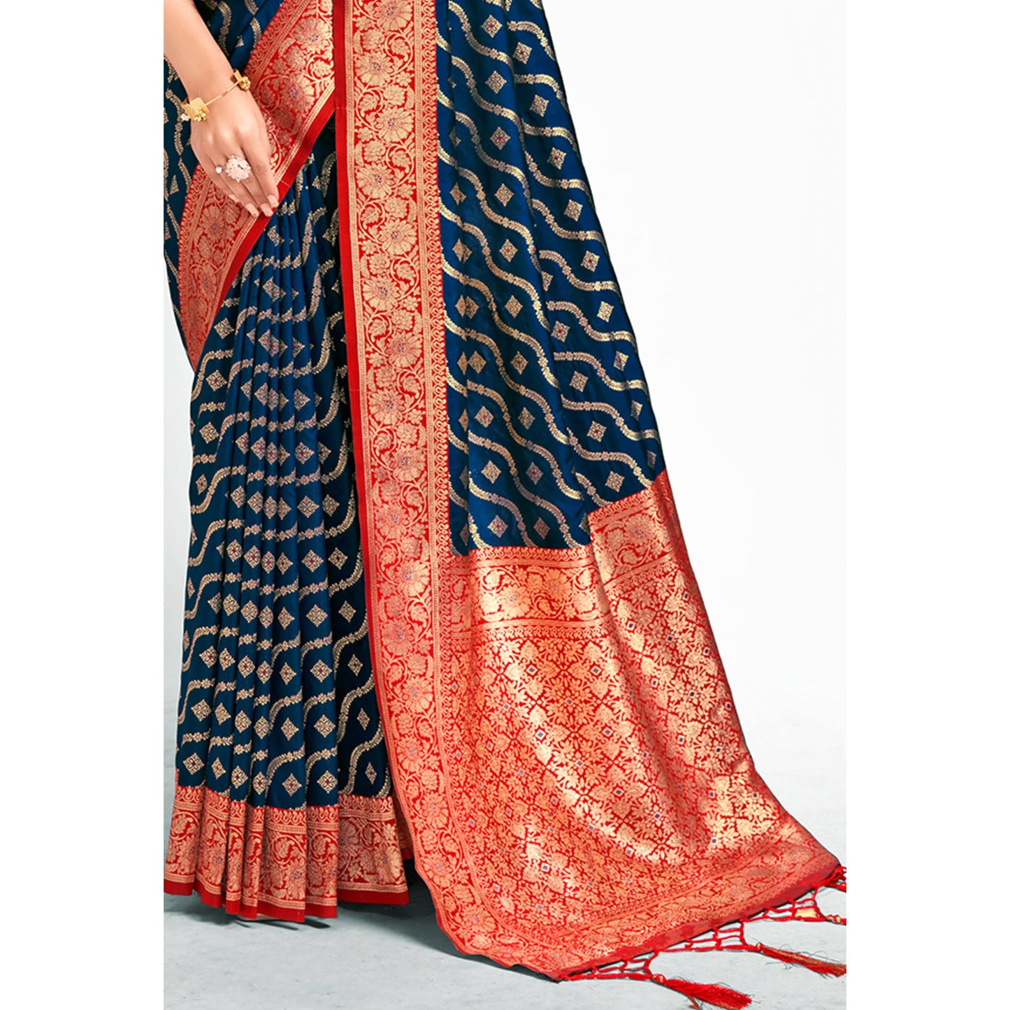 Navy Blue Woven Banarasi Silk Saree With Tassels