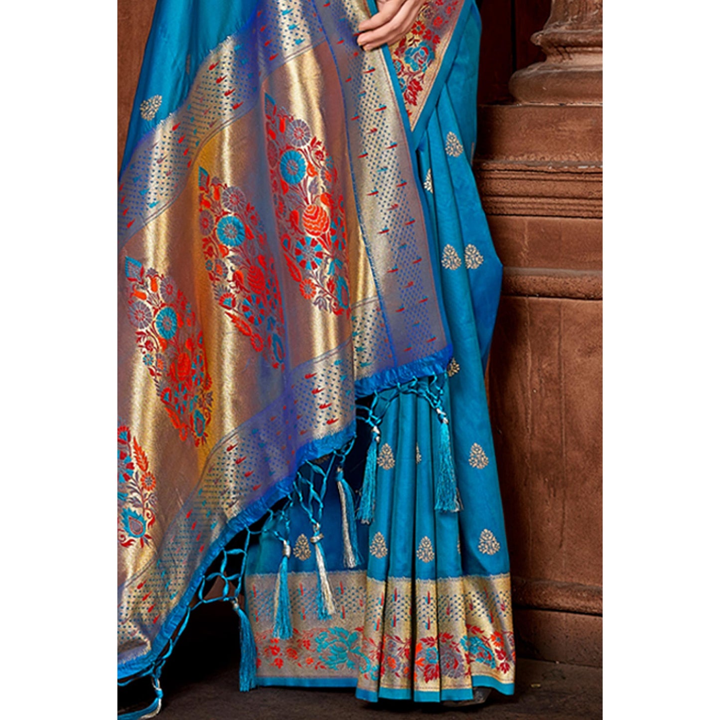 Blue Woven Paithani Banarasi Silk Saree With Tassels