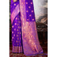 Violet Floral Woven Banarasi Silk Saree With Tassels