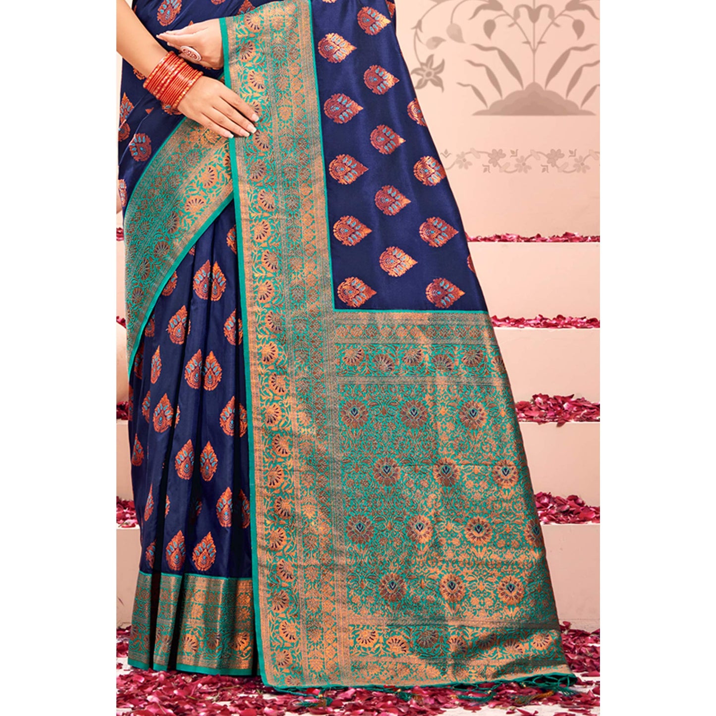 Navy Blue Floral Woven Kanjivaram Silk Saree With Tassels