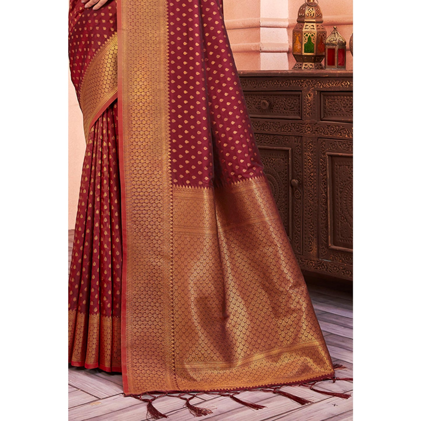 Maroon Woven Banarasi Silk Saree With Tassels