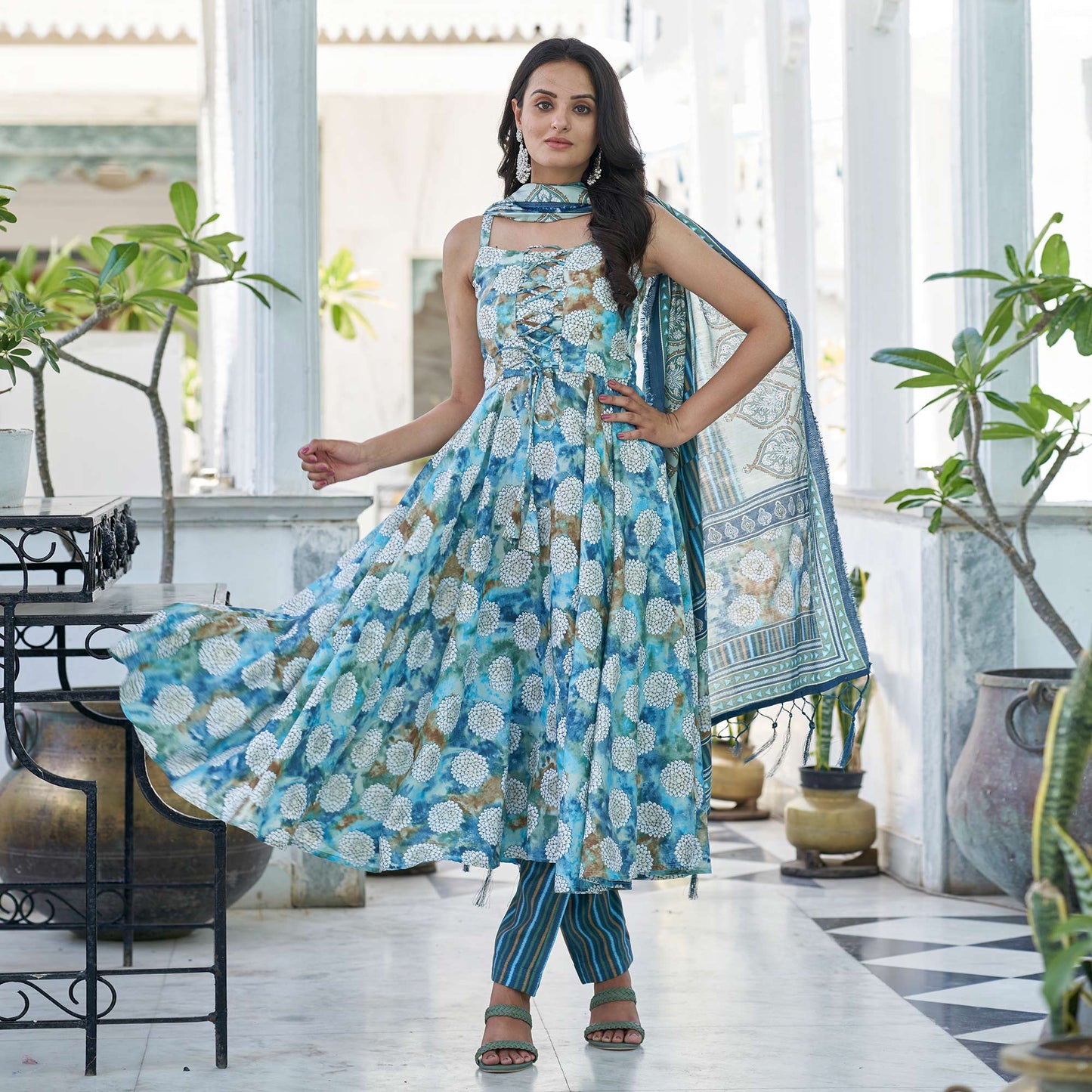 Blue Printed Anarkali Style Chanderi Suit