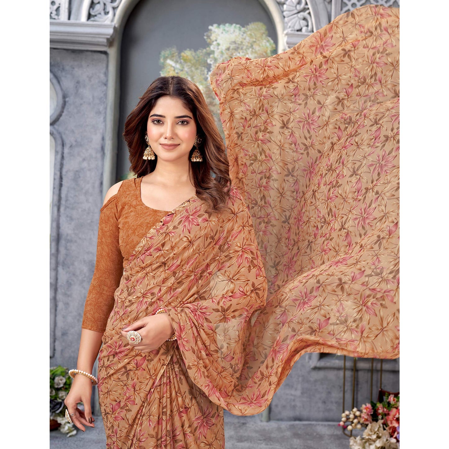 Rust Floral Printed Georgette Saree