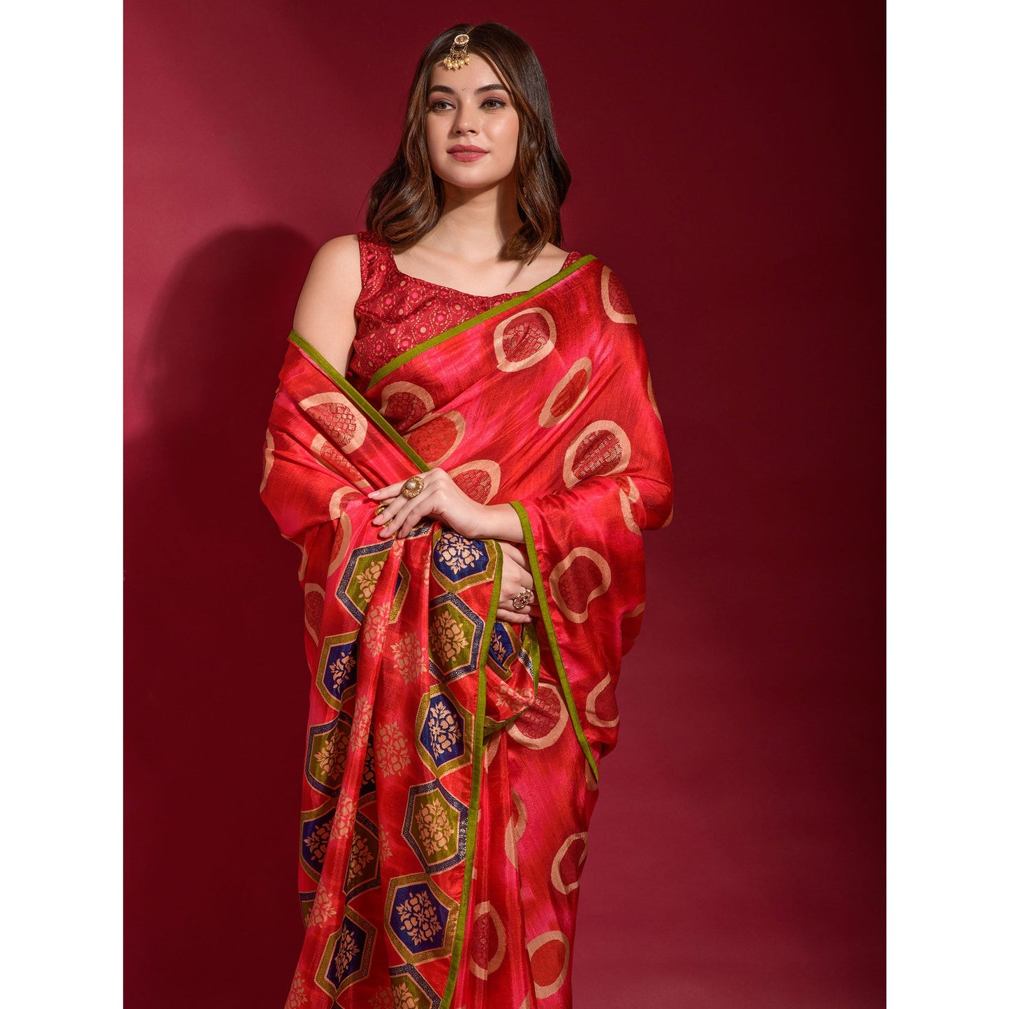 Red Foil Printed Art Silk Saree