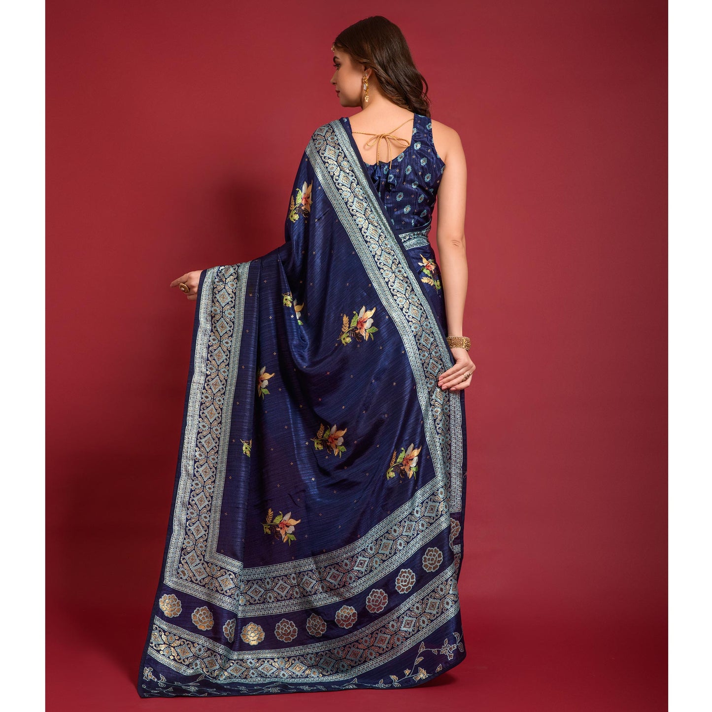 Blue Floral Foil Printed Art Silk Saree