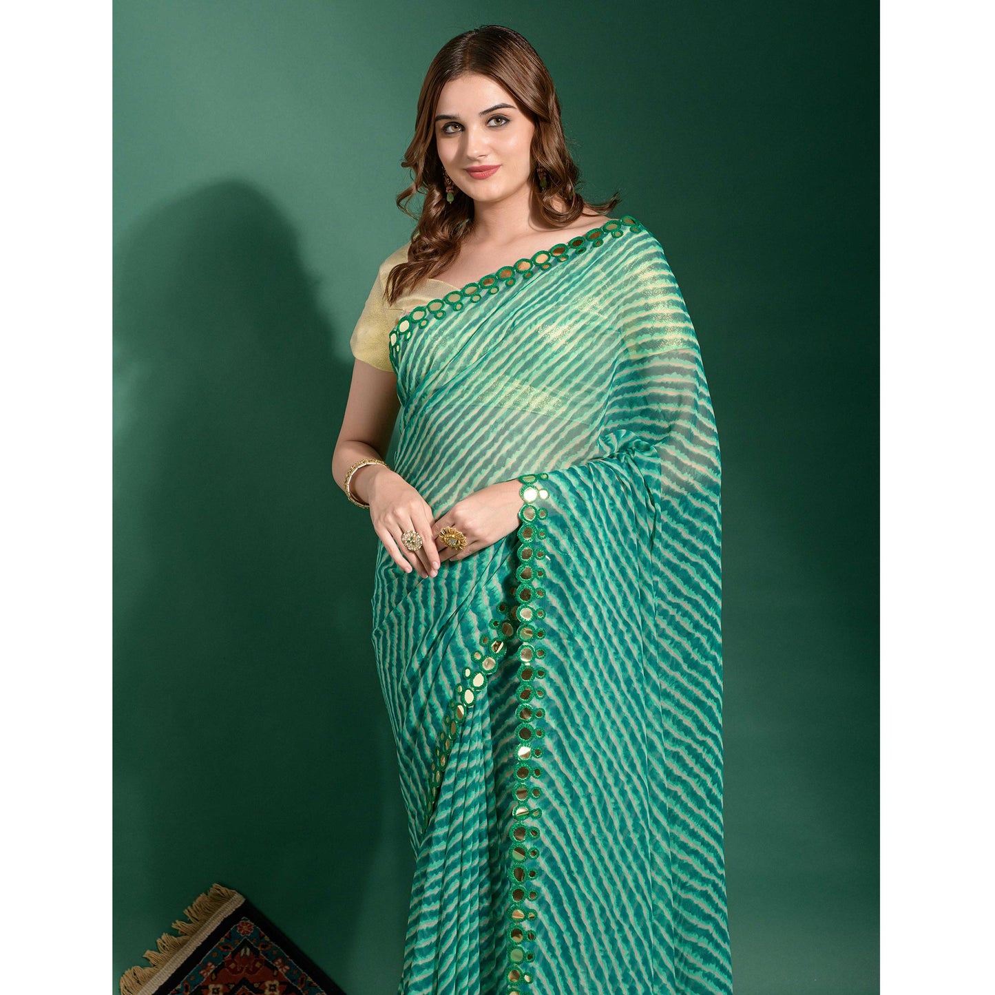 Green Leheriya Printed With Embroidered Border Chiffon Saree