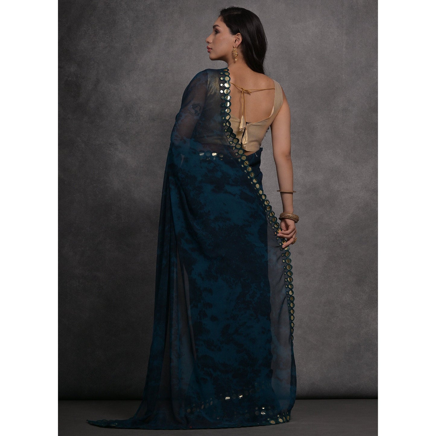 Blue Printed With Mirror Work Georgette Saree