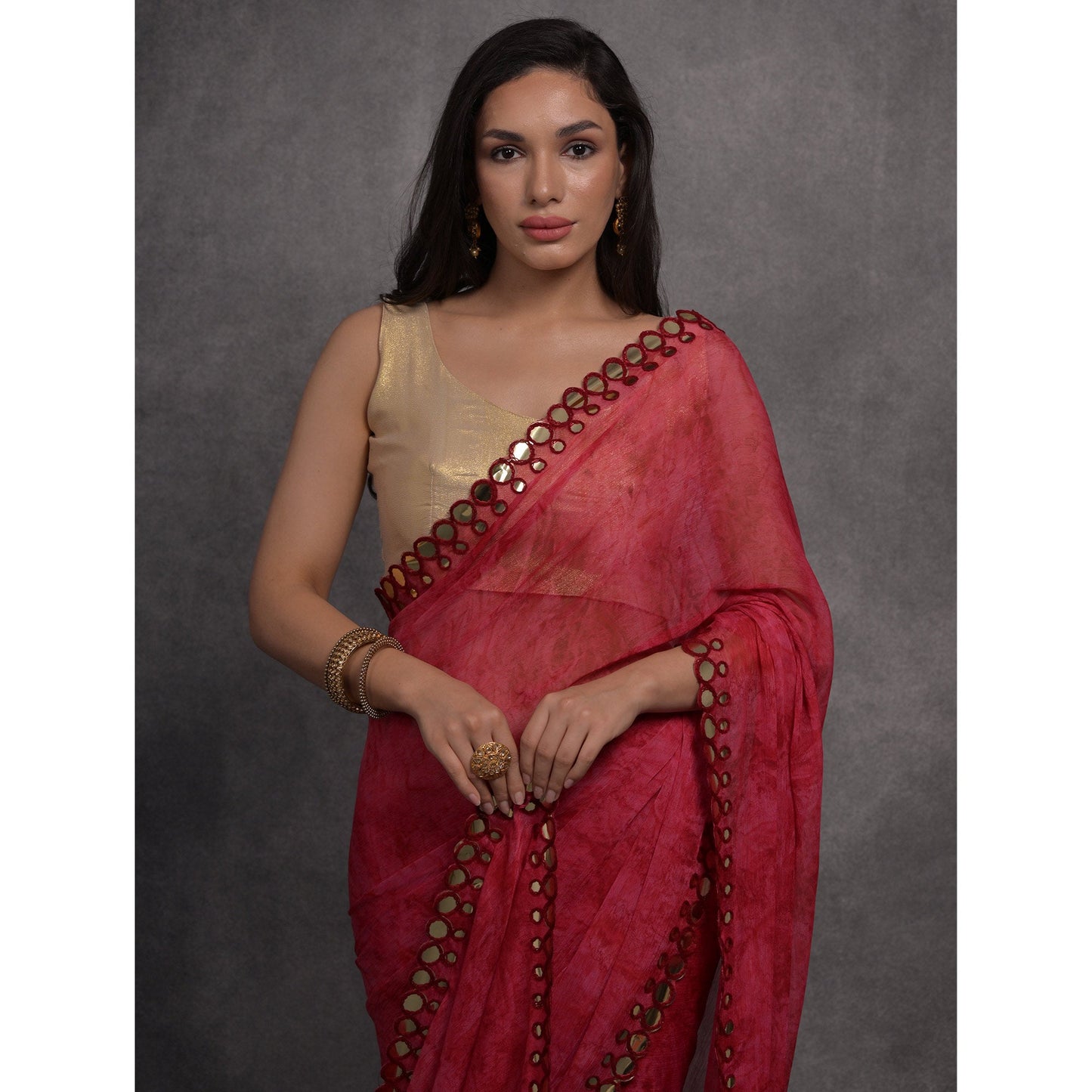 Maroon Printed With Mirror Work Georgette Saree