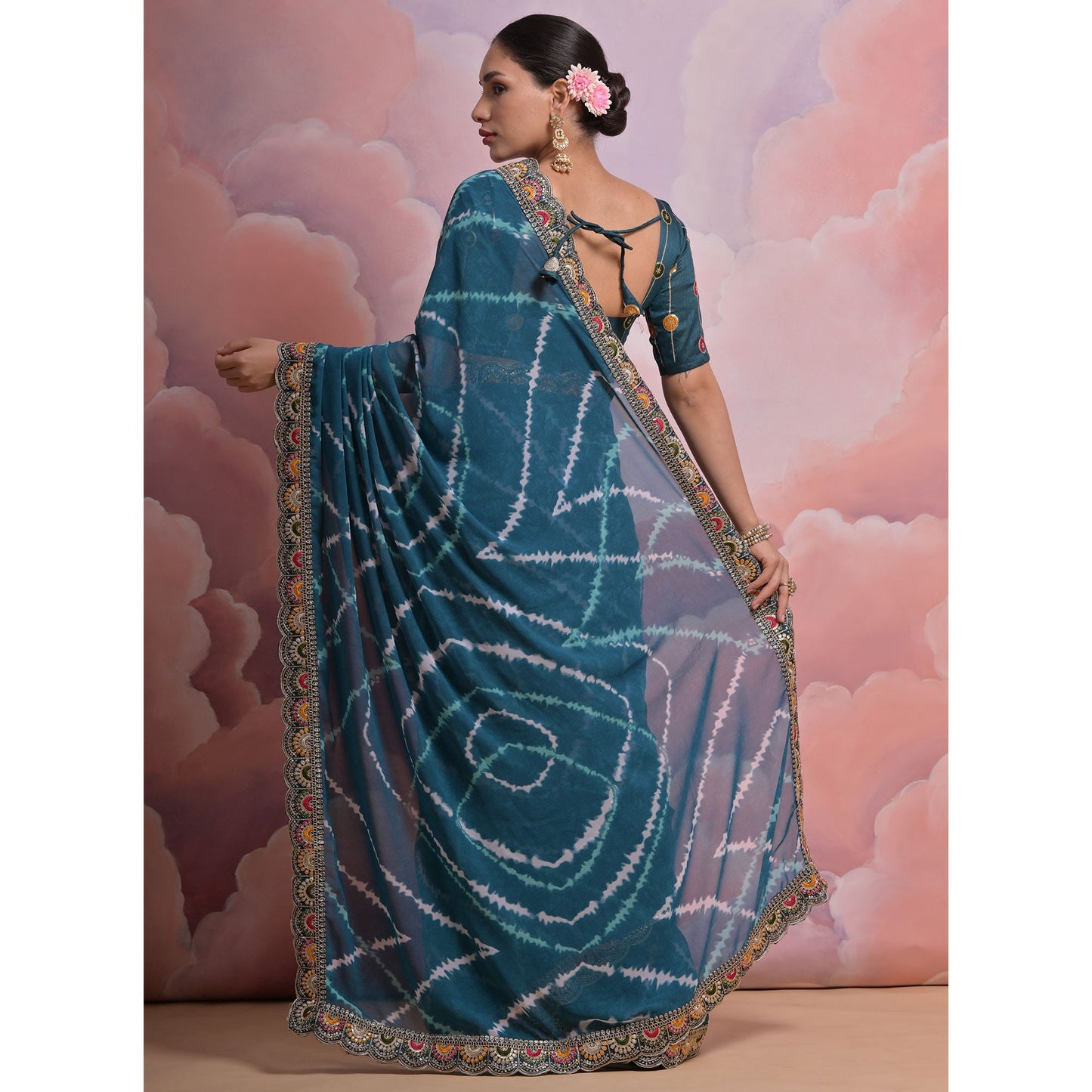 Teal  Printed With Embroidered Border Georgette Saree