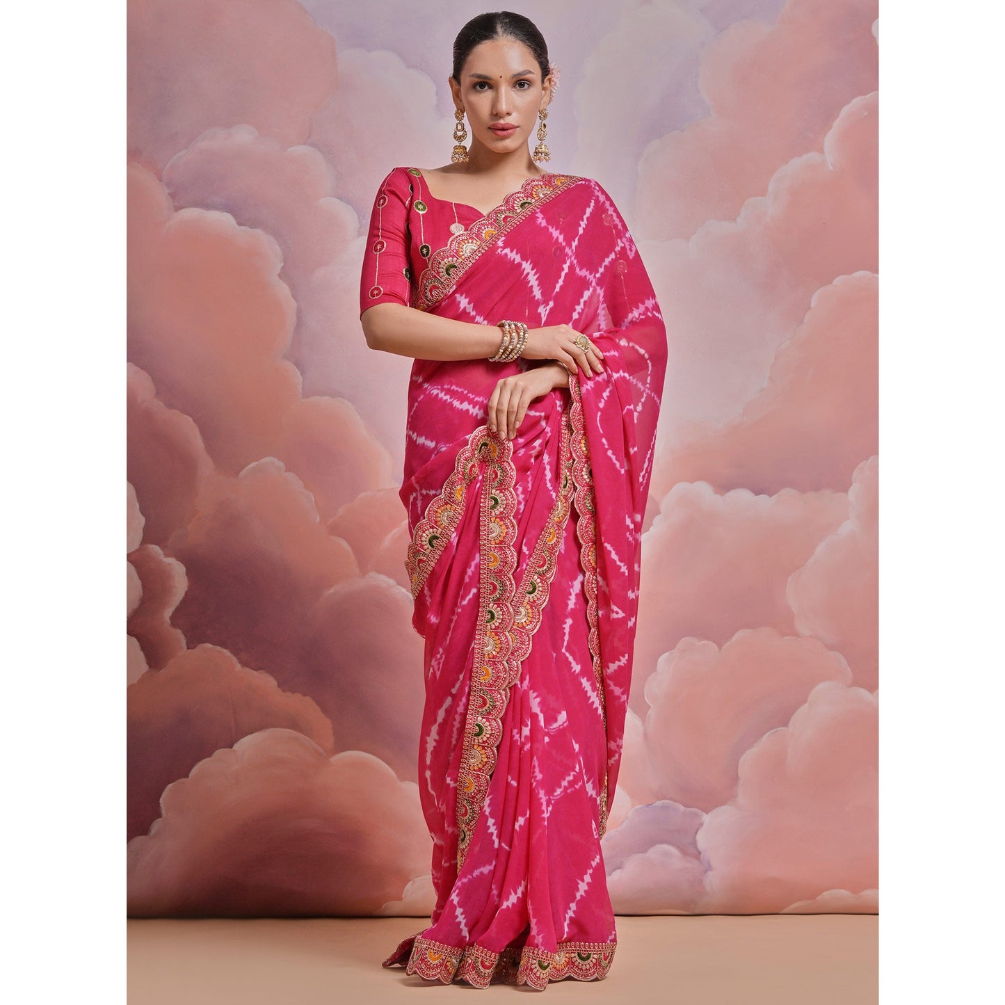 Pink  Printed With Embroidered Border Georgette Saree