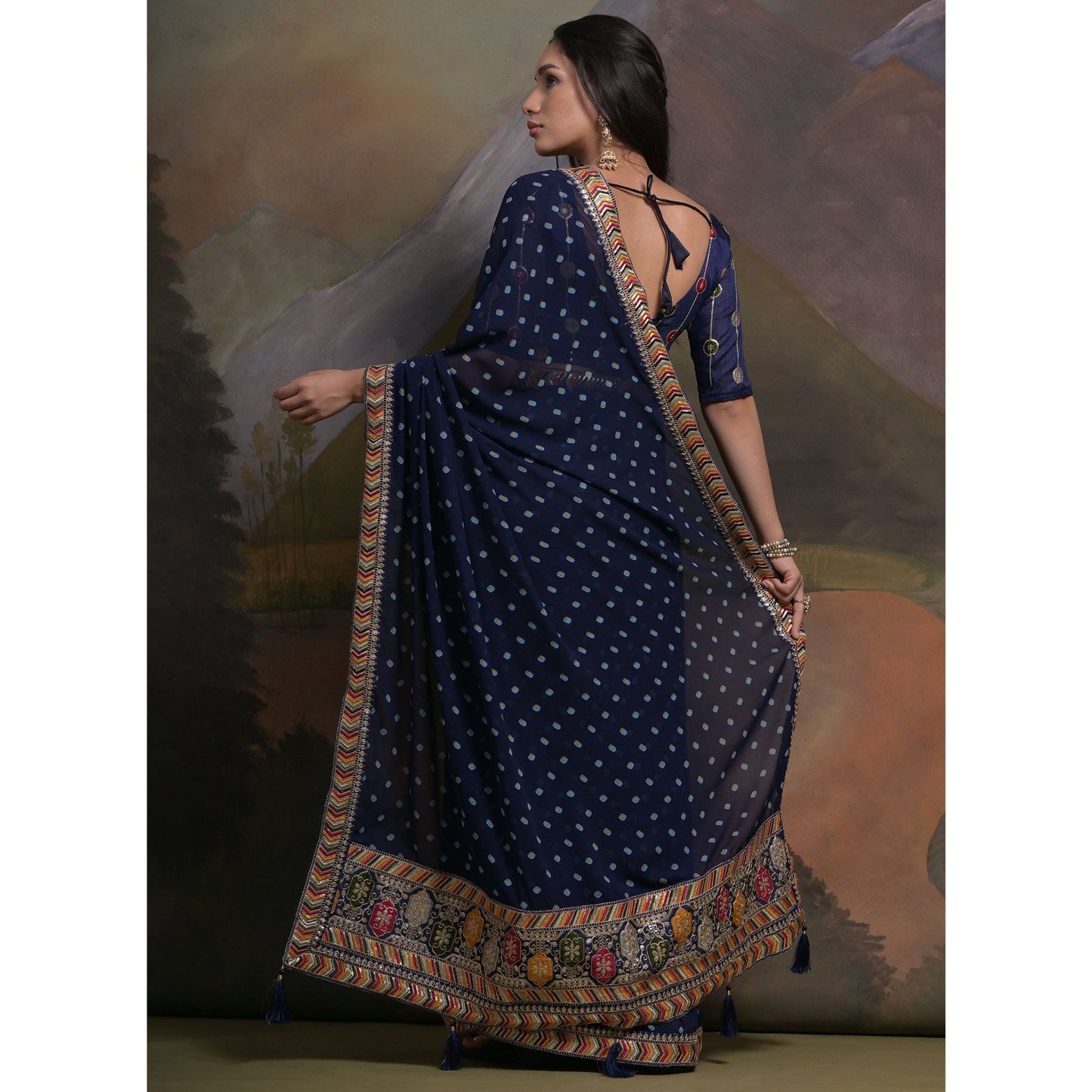 Blue Bandhej Printed Georgette Saree With Tassels