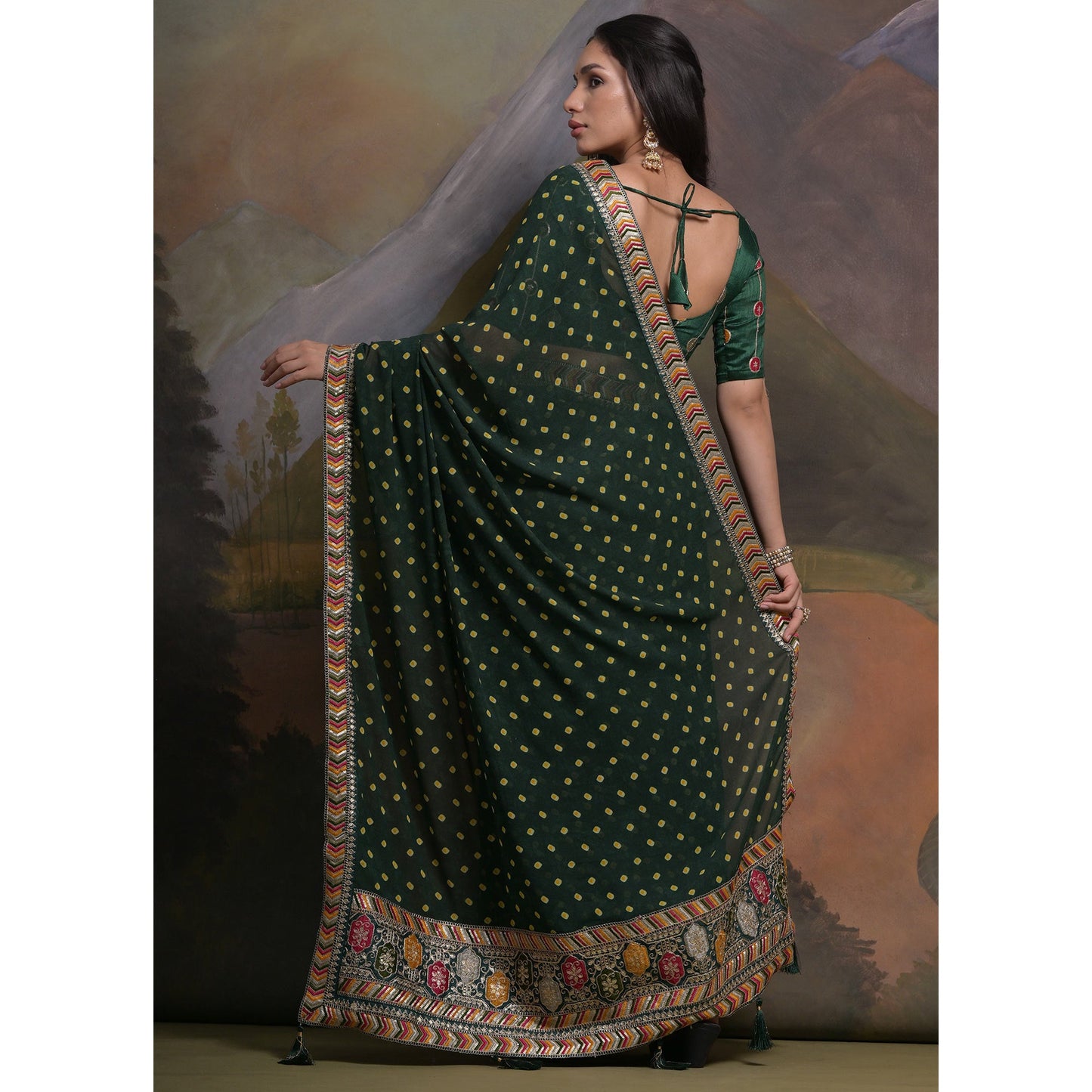 Green Bandhej Printed Georgette Saree With Tassels