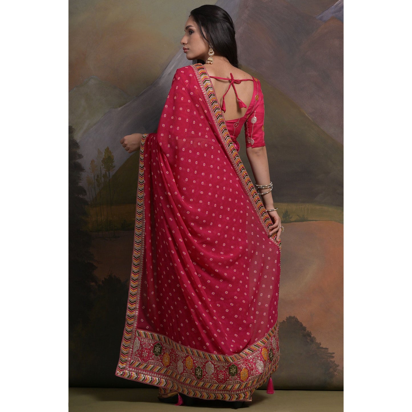 Pink Bandhej Printed Georgette Saree With Tassels