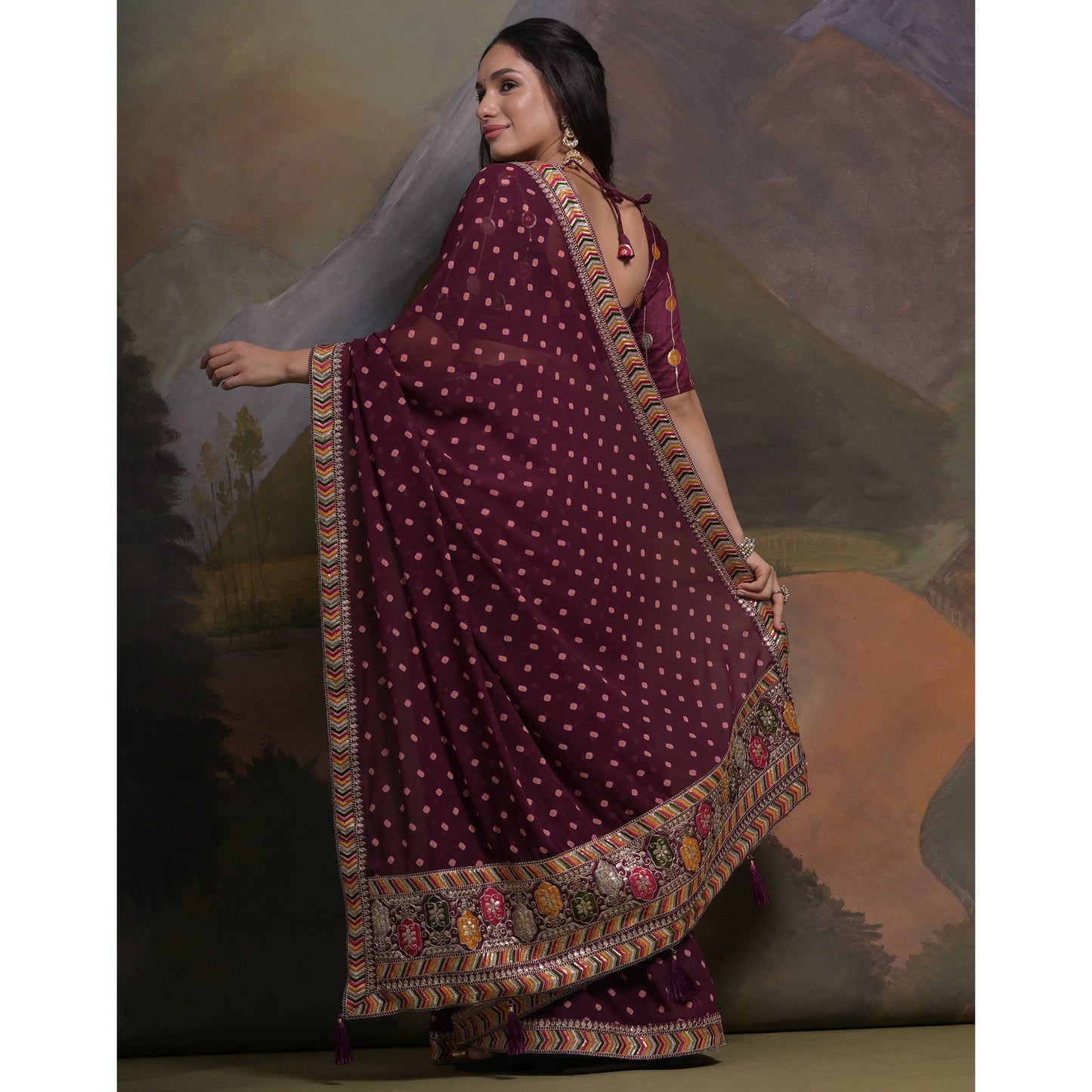 Wine Bandhej Printed Georgette Saree With Tassels