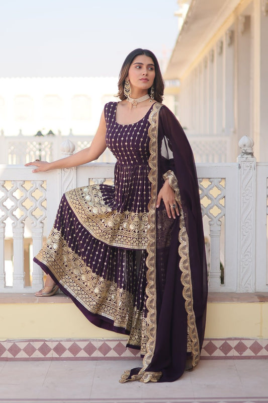 Regal Purple Elegance: Faux Georgette Kurti with Sequins & Thread Embroidery