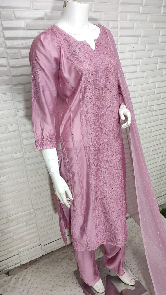 Dusty Pink Chikankari Elegance: Modaal Chanderi Cutdana Ensemble