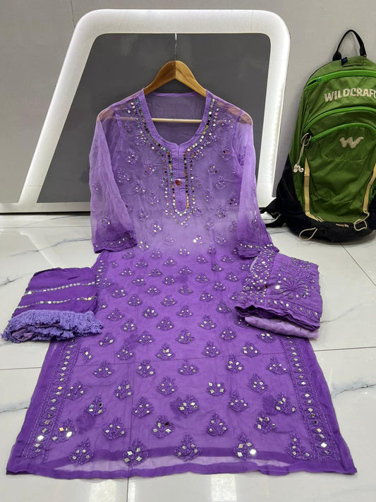 Dark Purple Chikankari Elegance Ombré Mirror Booti Jaal Set - Kurti, Sharara & Dupatta -(Inner Included)