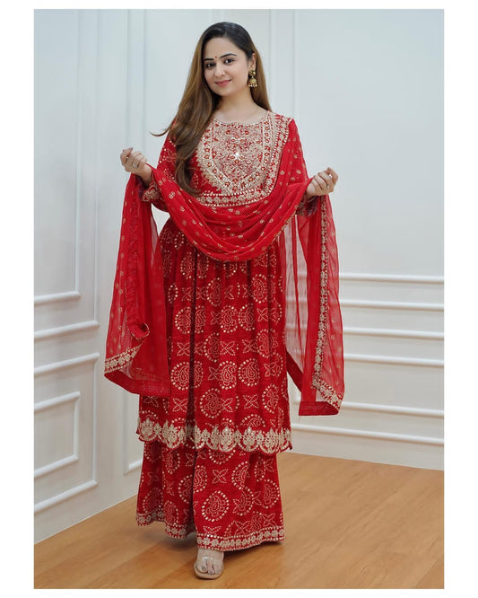 Ravishing Red Rayon Sharara Set: Intricate Heavy Mirror Embroidery