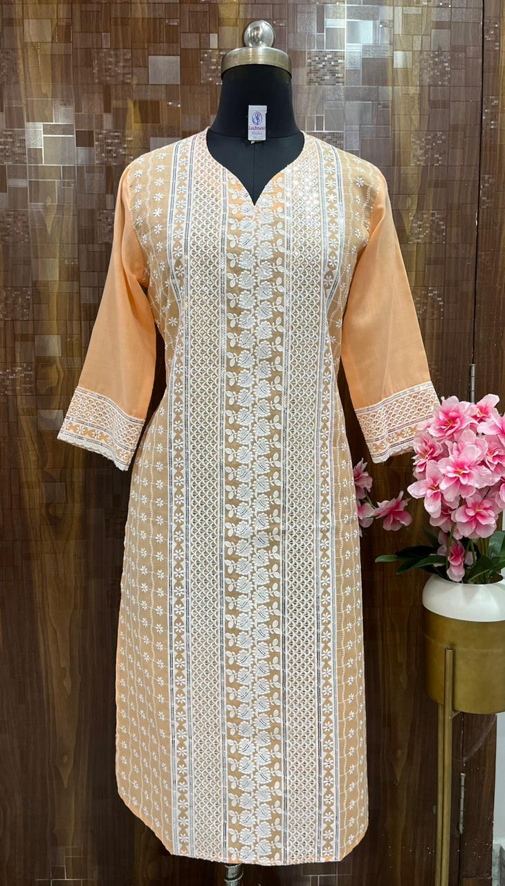 Peach Sparkling Sequins Cotton Hakoba Kurti Set