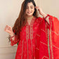 Red Regal Elegance: Heavy Reyon Mill Foil Print Suit Set with Lace Dupatta