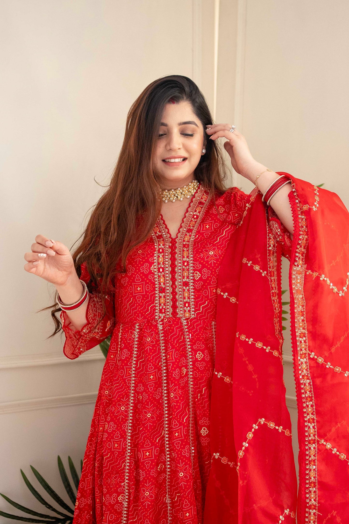 Red Regal Elegance: Heavy Reyon Mill Foil Print Suit Set with Lace Dupatta