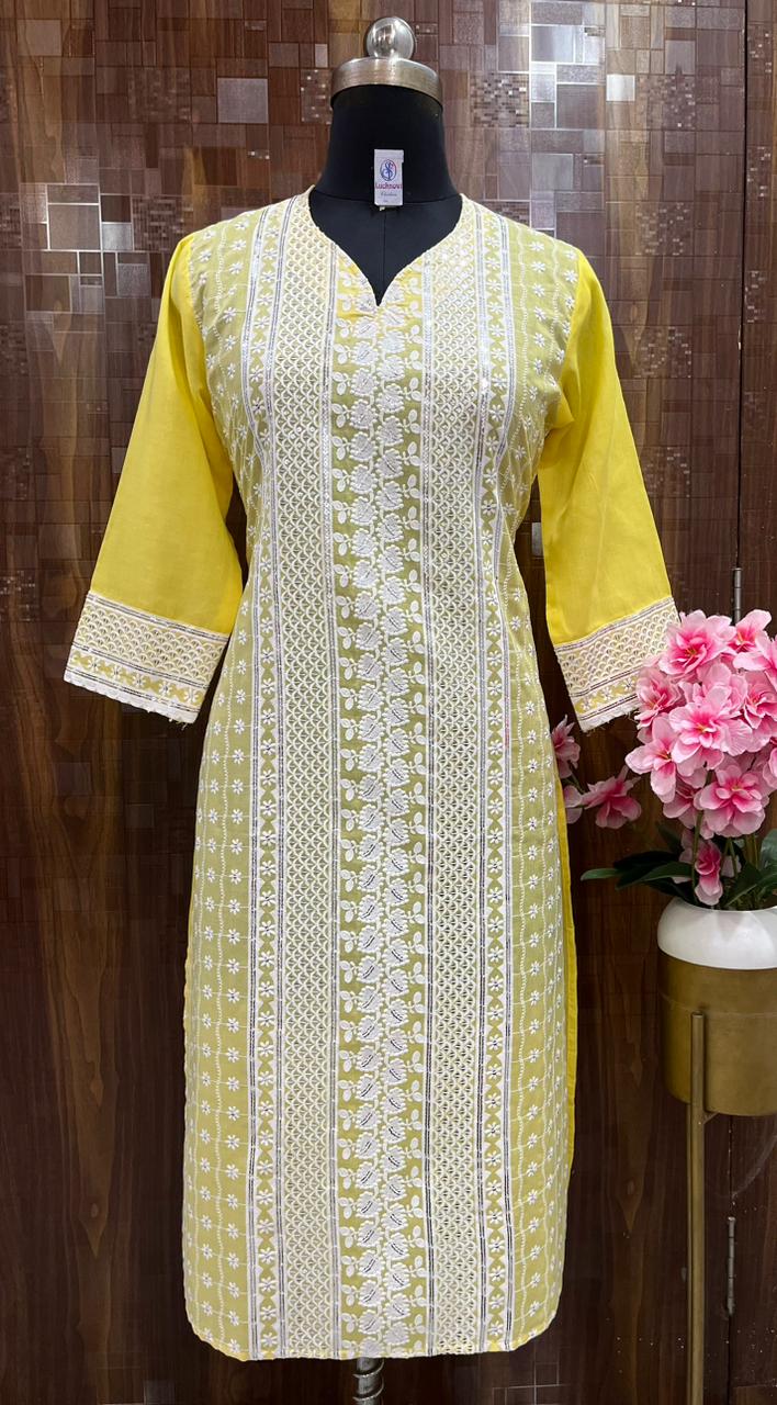 Yellow Sparkling Sequins Cotton Hakoba Kurti Set