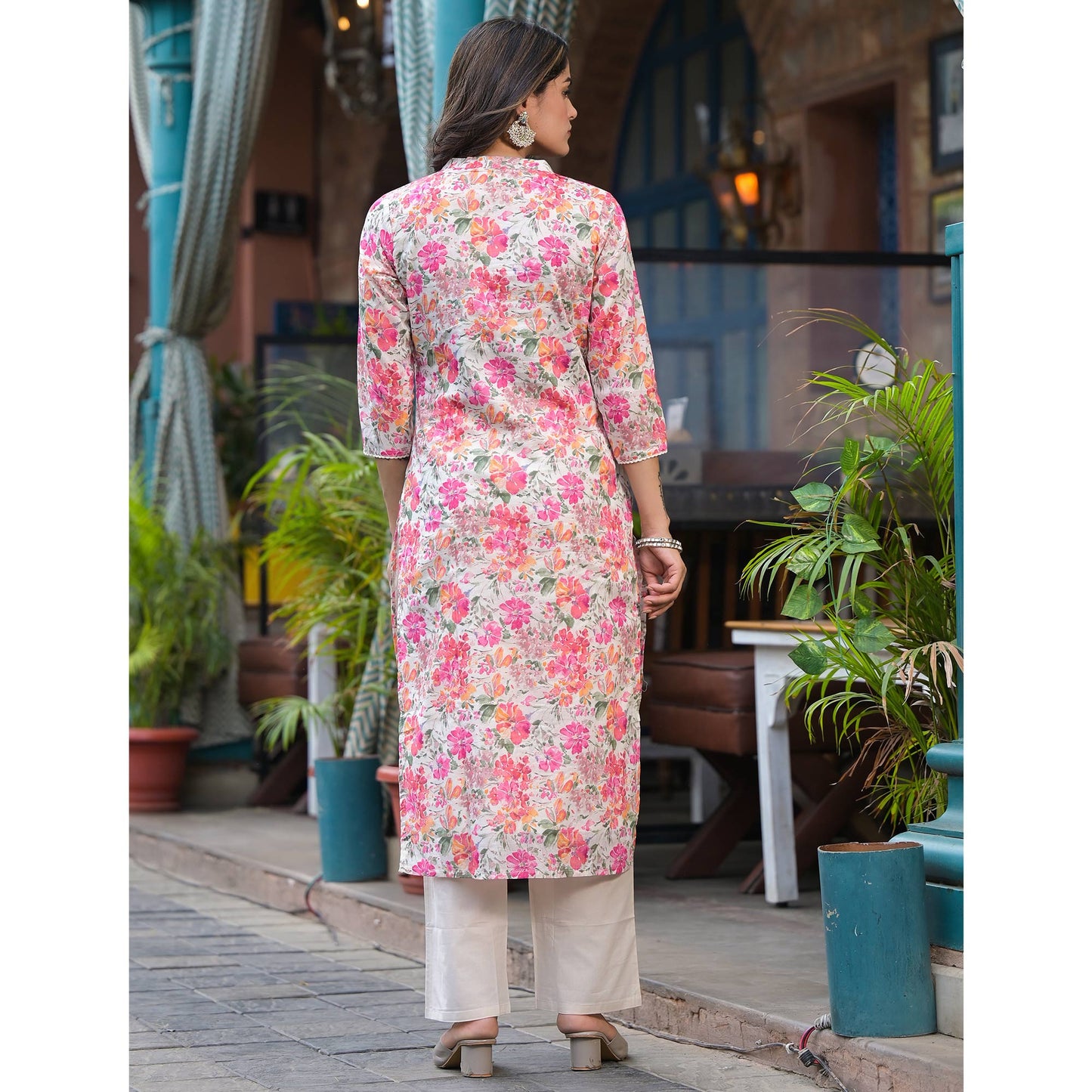 White & Pink Floral Angrakha Style Pure Cotton Suit With Foil Print