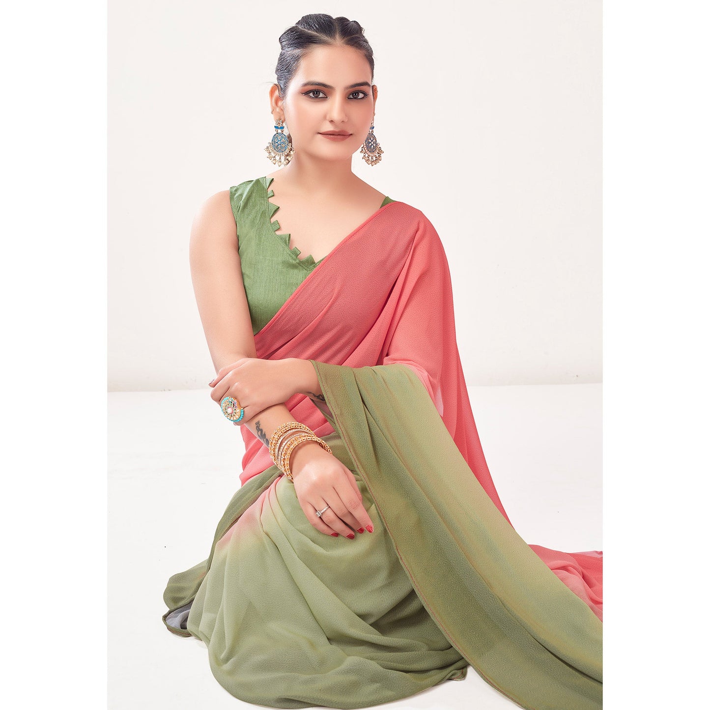 Pink & Olive Green Printed Georgette Saree