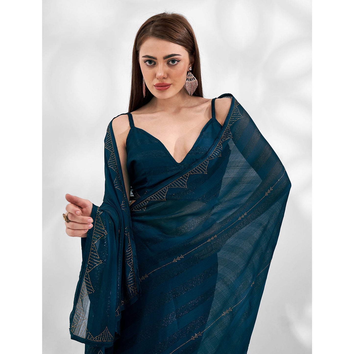 Morpich Blue Embroidered Swaroski Work Chiffon Saree