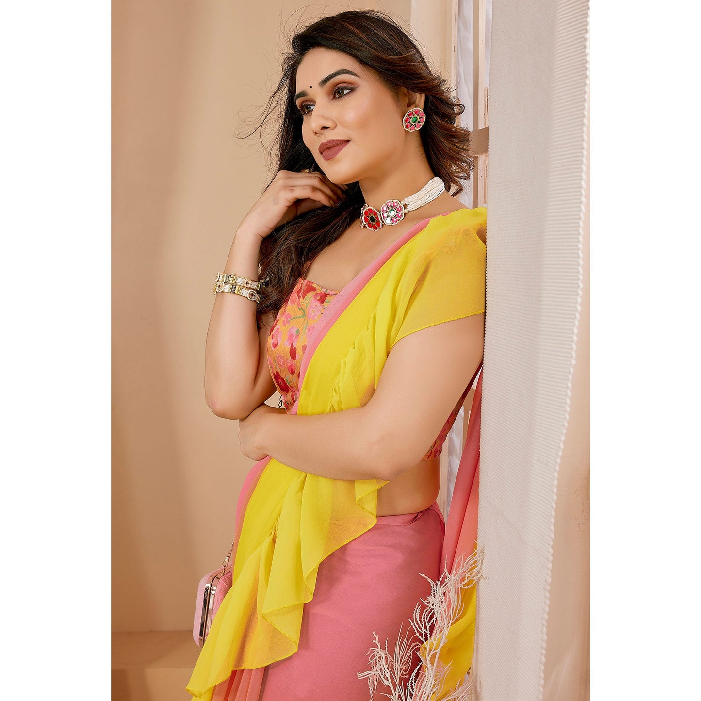 Yellow & Pink Ombre Printed Georgette Ruffle Saree