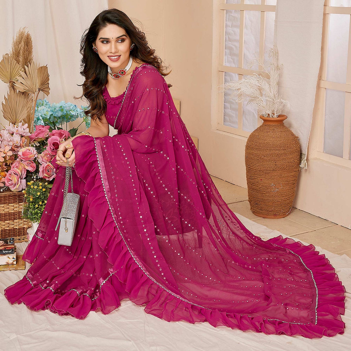 Pink Embroidered Georgette Ruffle Saree