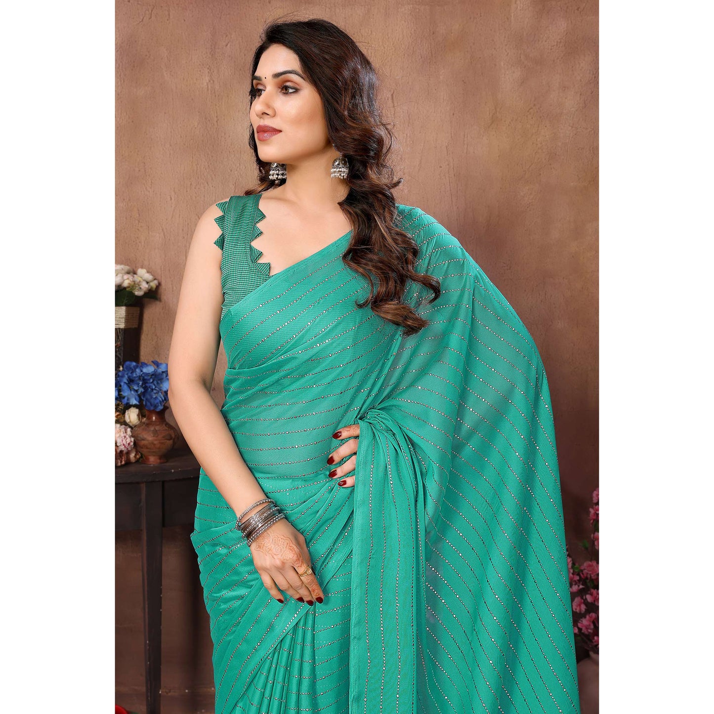 Turquoise Mukaish Work Silk Saree With Tassels