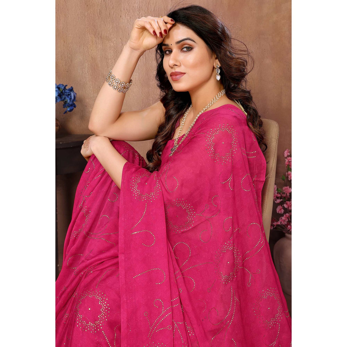 Rani Pink Mukaish With Foil Printed Silk Saree With Tassels