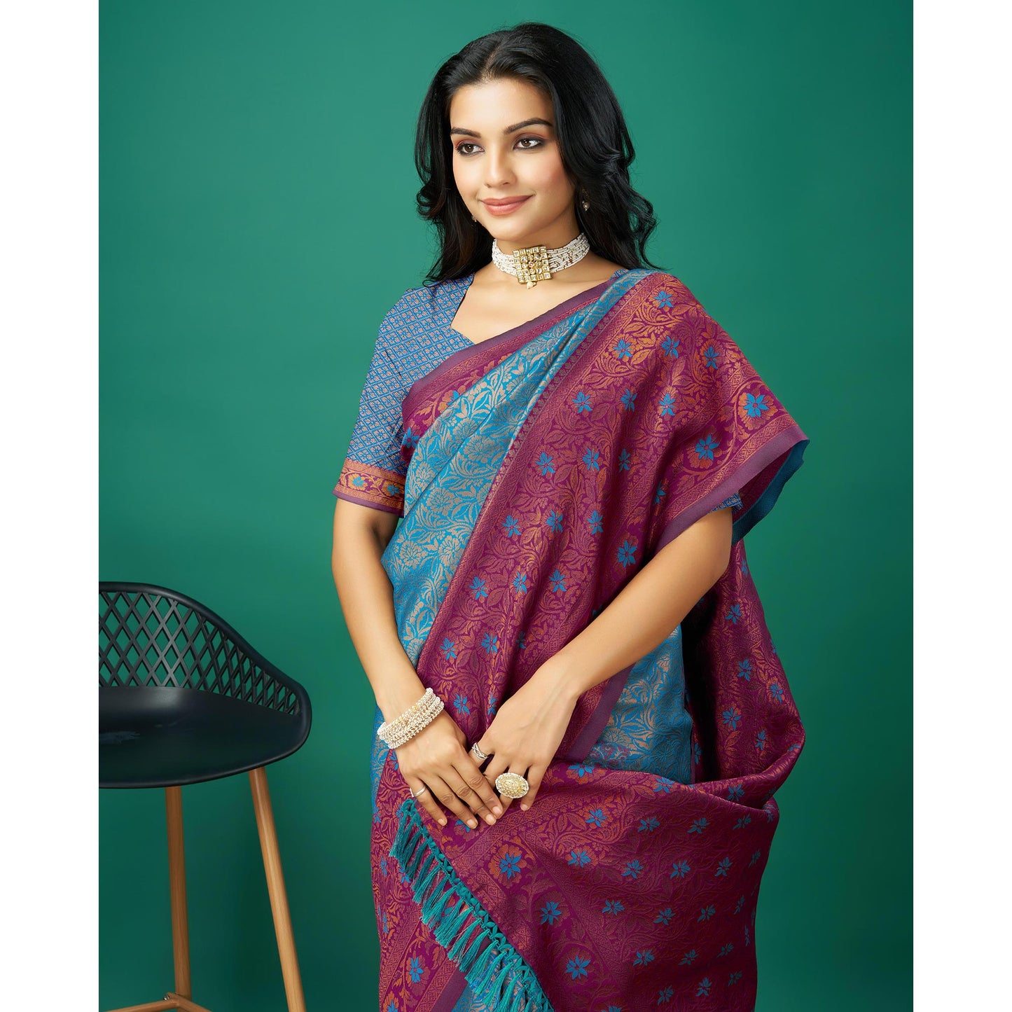 Blue Zari Woven Banarasi Silk Saree With Tassels