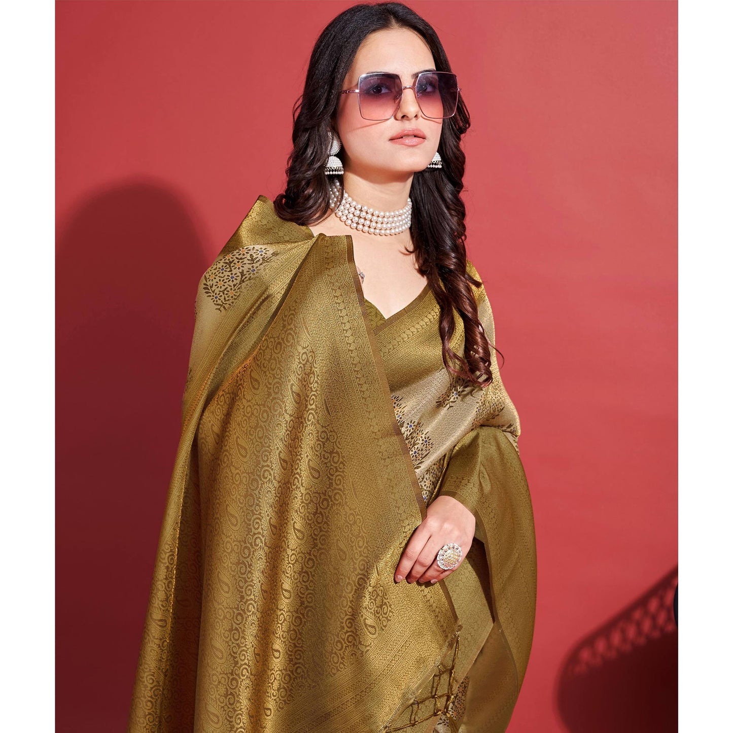 Dark Mustard Floral Digital Printed With Woven Banarasi Silk Saree