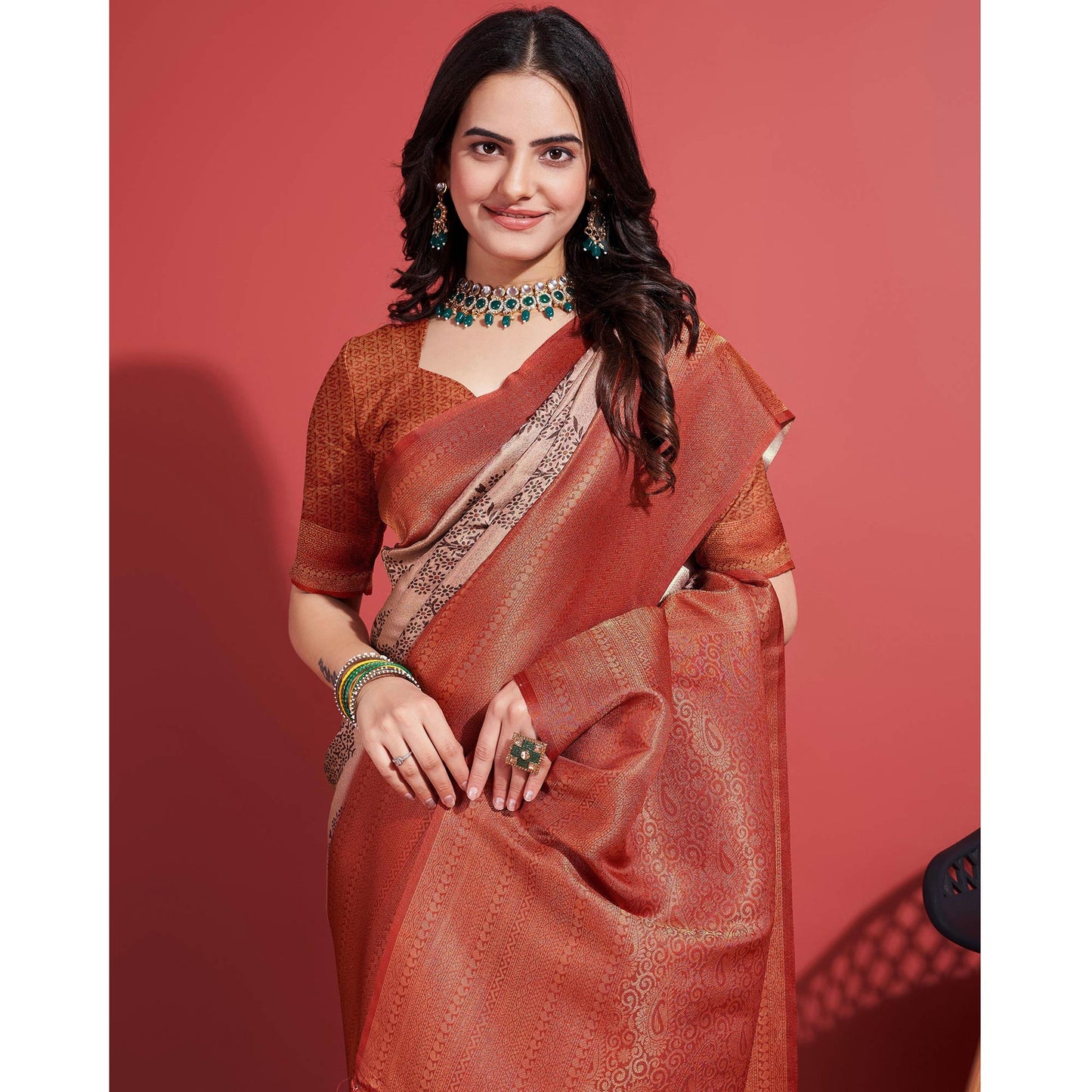 Rust & Beige Floral Digital Printed With Woven Banarasi Silk Saree