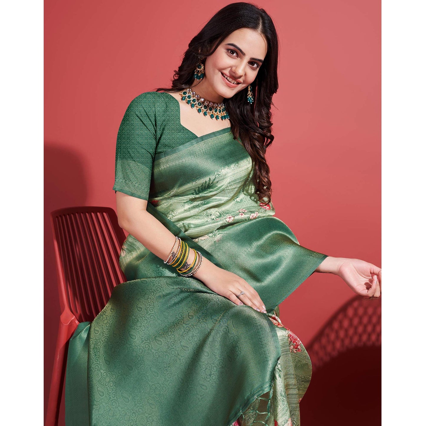 Rama Green Floral Digital Printed With Woven Banarasi Silk Saree