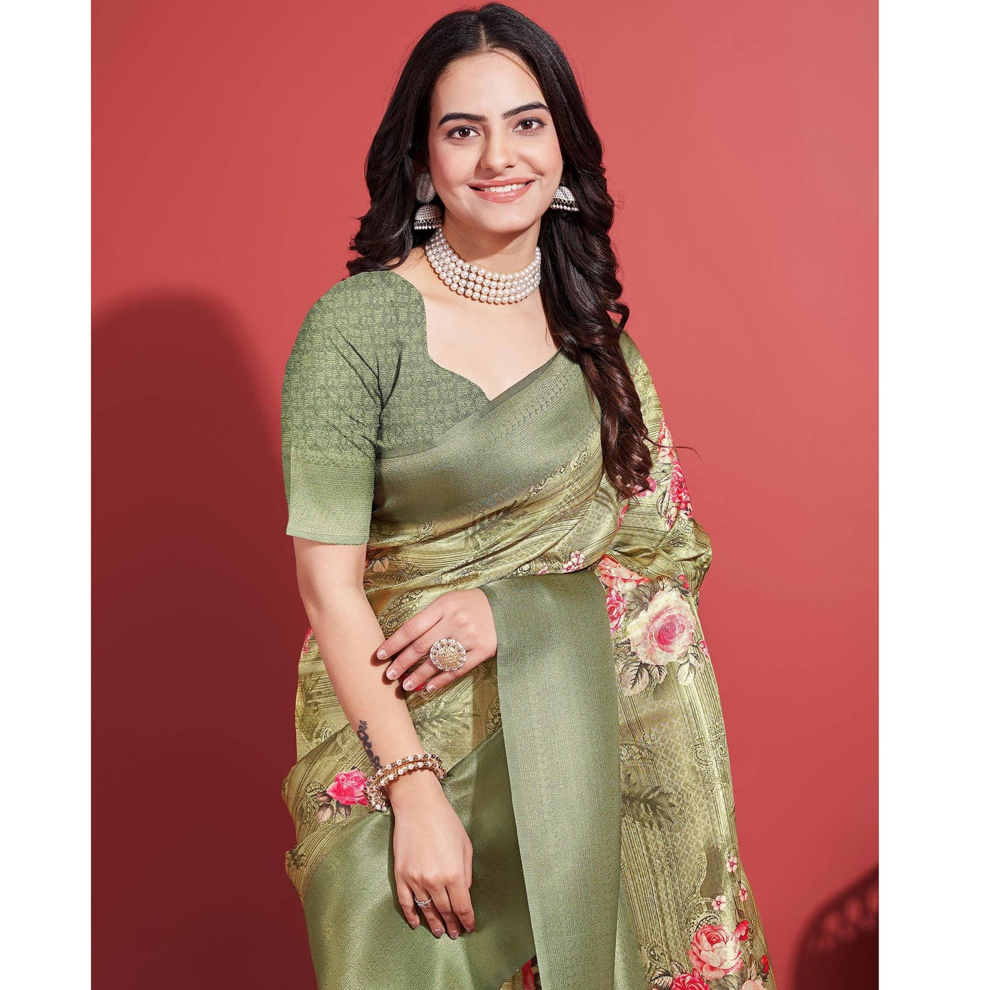 Light Olive Green Floral Digital Printed With Woven Banarasi Silk Saree