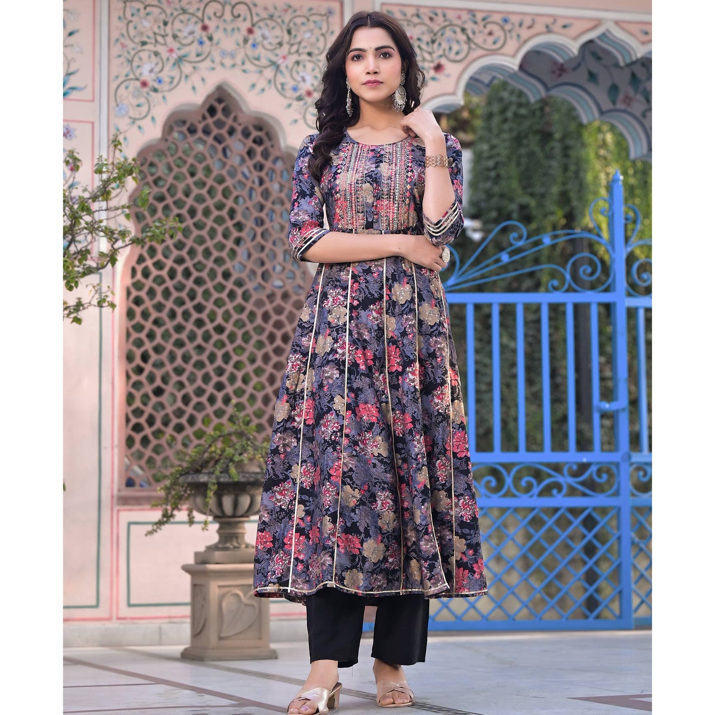 Black Floral Foil Printed Chanderi Silk Anarkali Salwar Suit