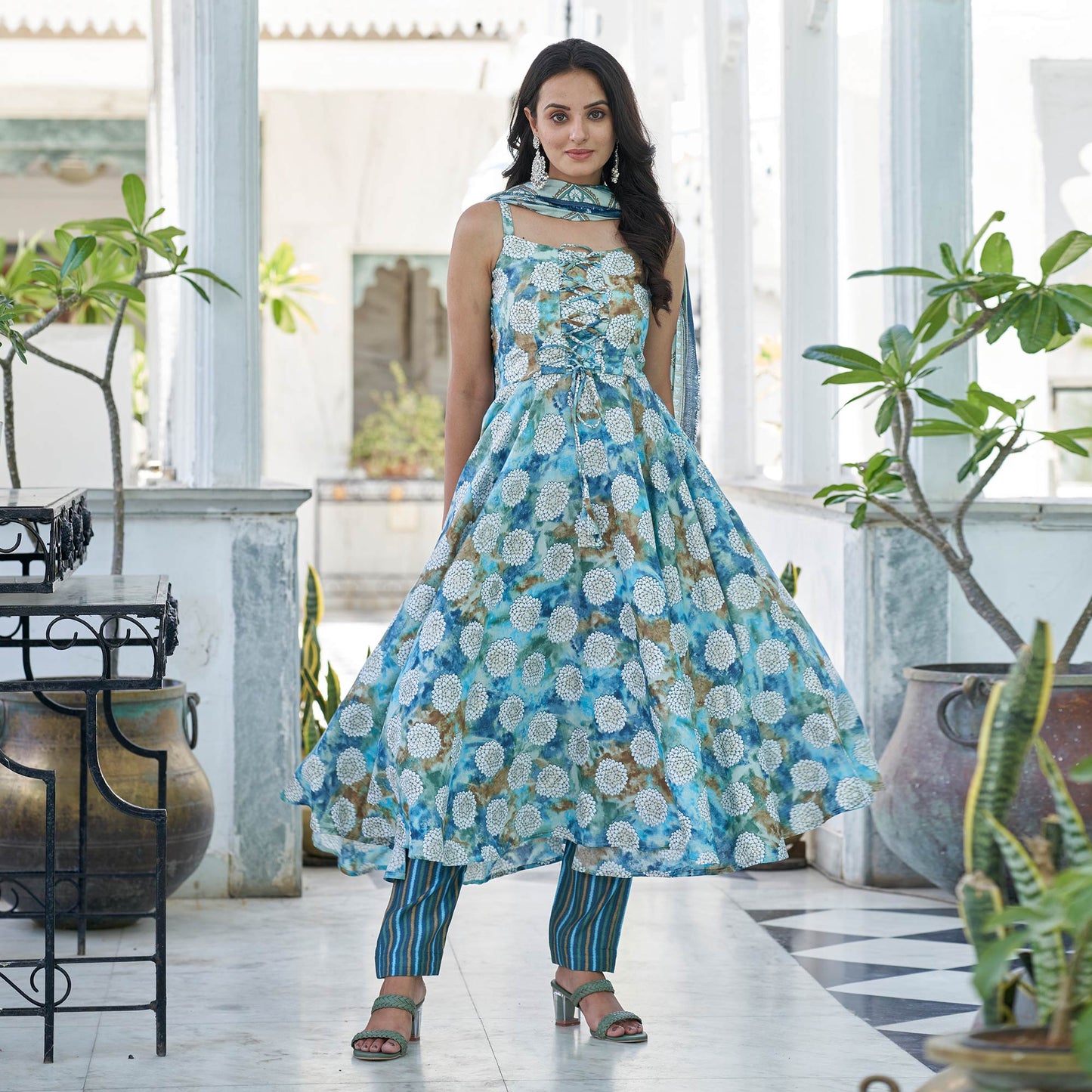 Blue Printed Anarkali Style Chanderi Suit