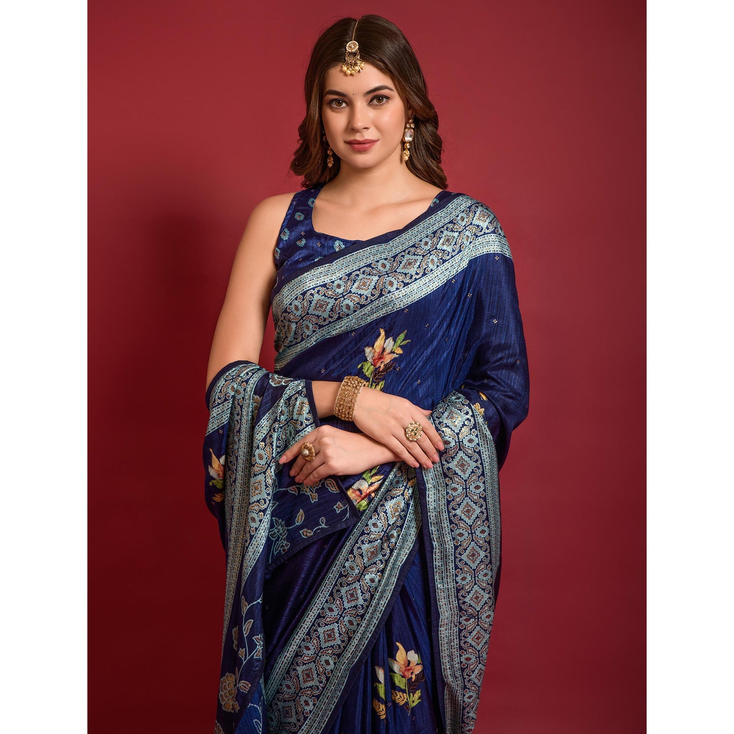 Blue Floral Foil Printed Art Silk Saree