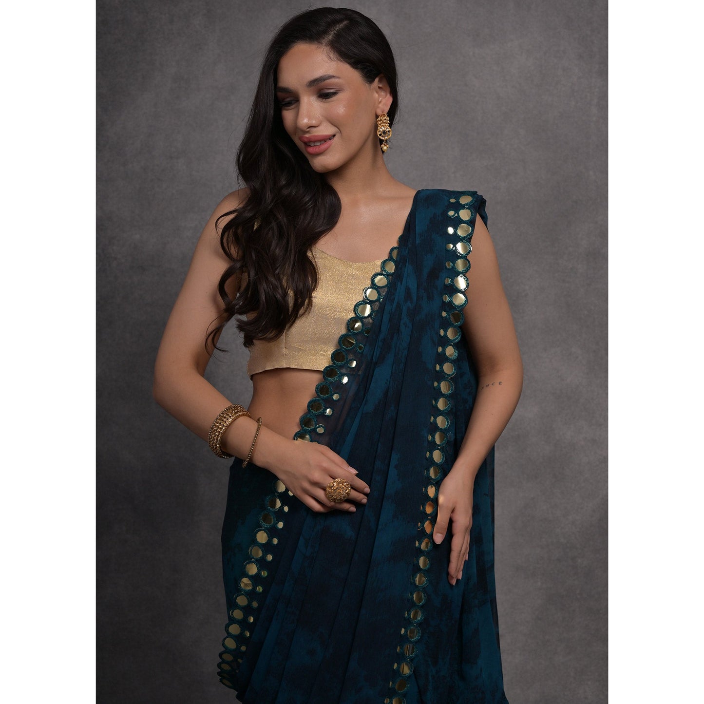 Blue Printed With Mirror Work Georgette Saree