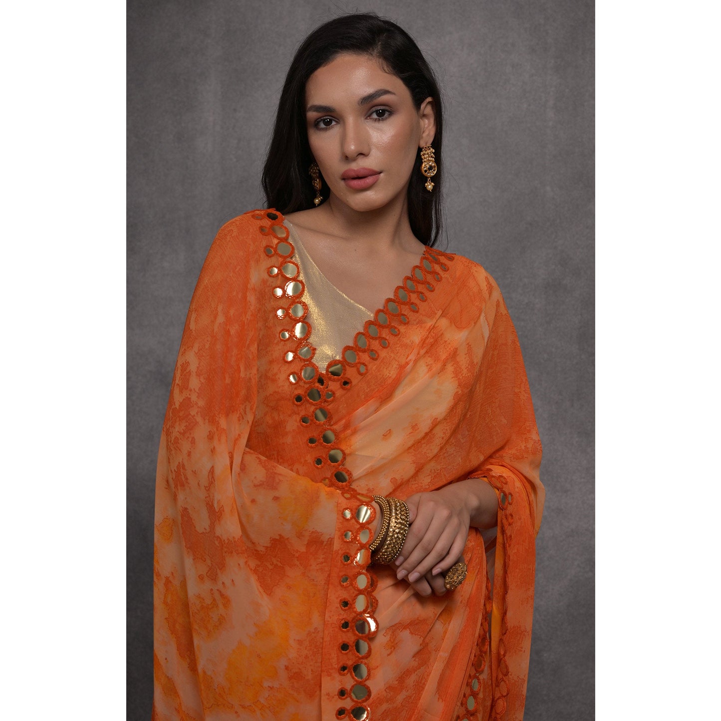 Orange Printed With Mirror Work Georgette Saree