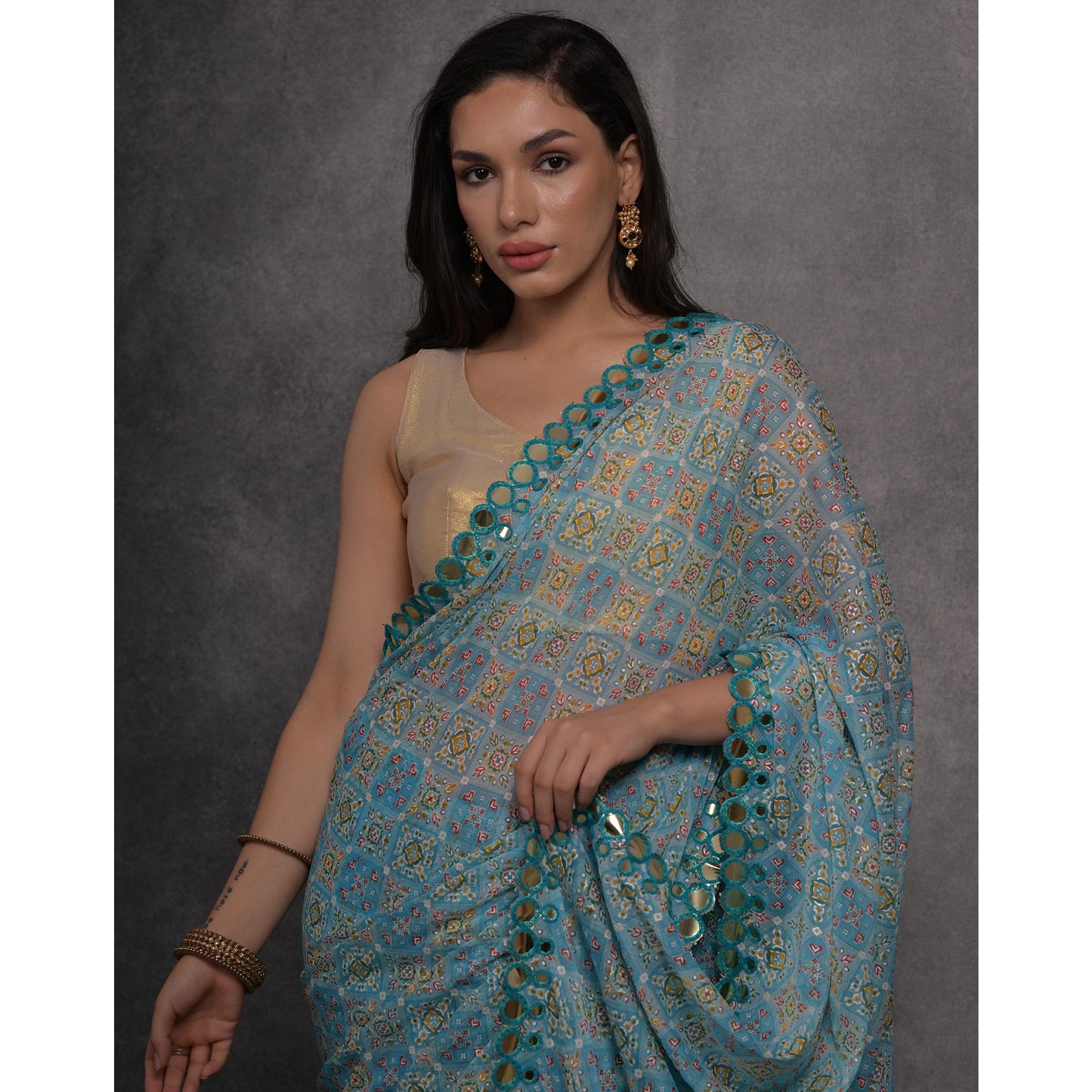 Blue Foil Printed With Mirror Work Georgette Saree