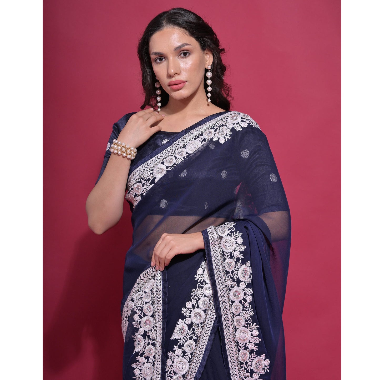 Navy Blue Embroidered Georgette Saree