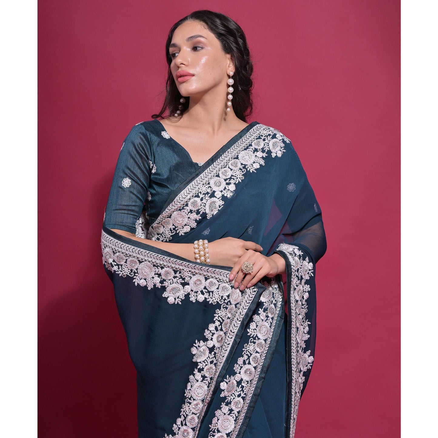 Teal Embroidered Georgette Saree