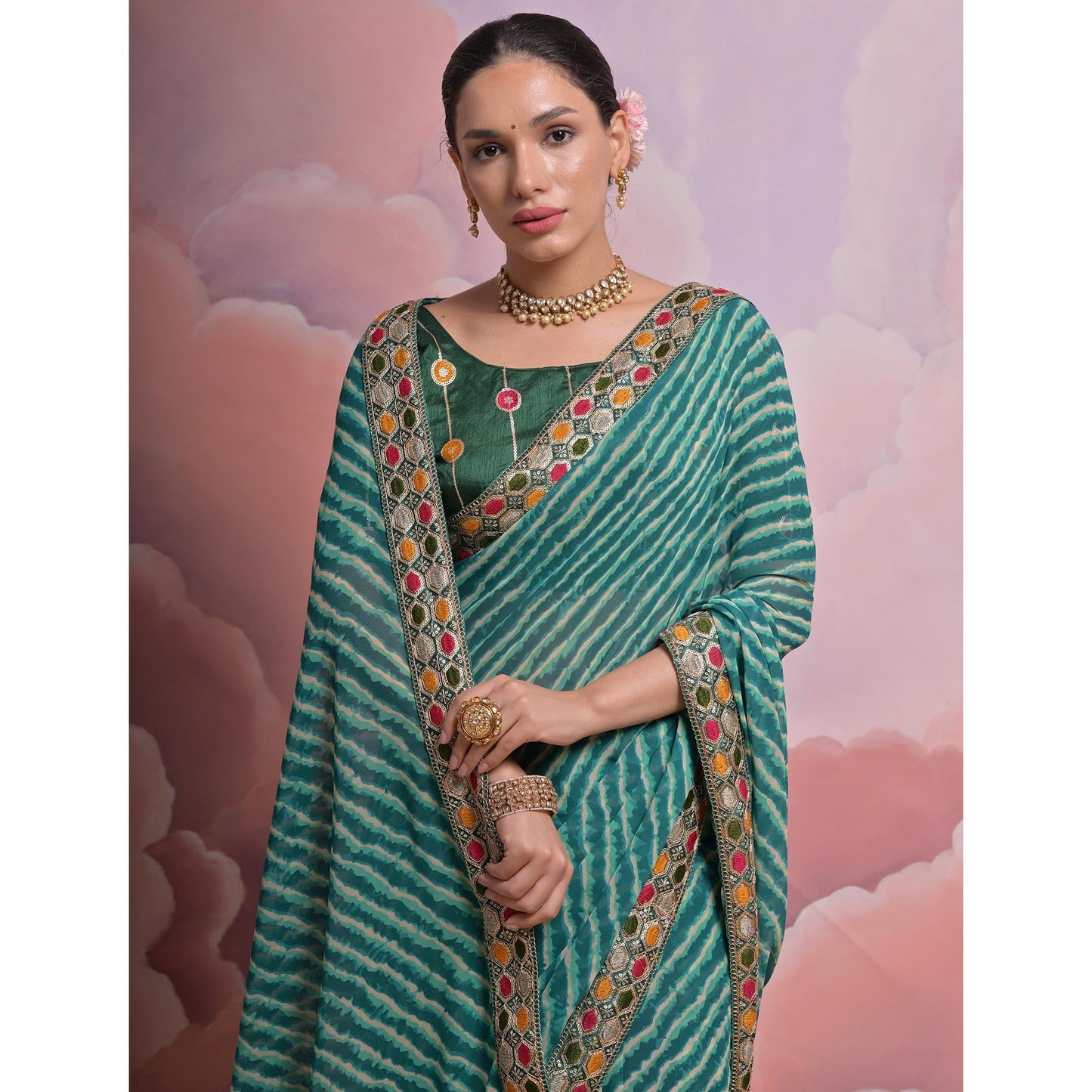 Green Leheriya Printed With Embroidered Border Georgette Saree