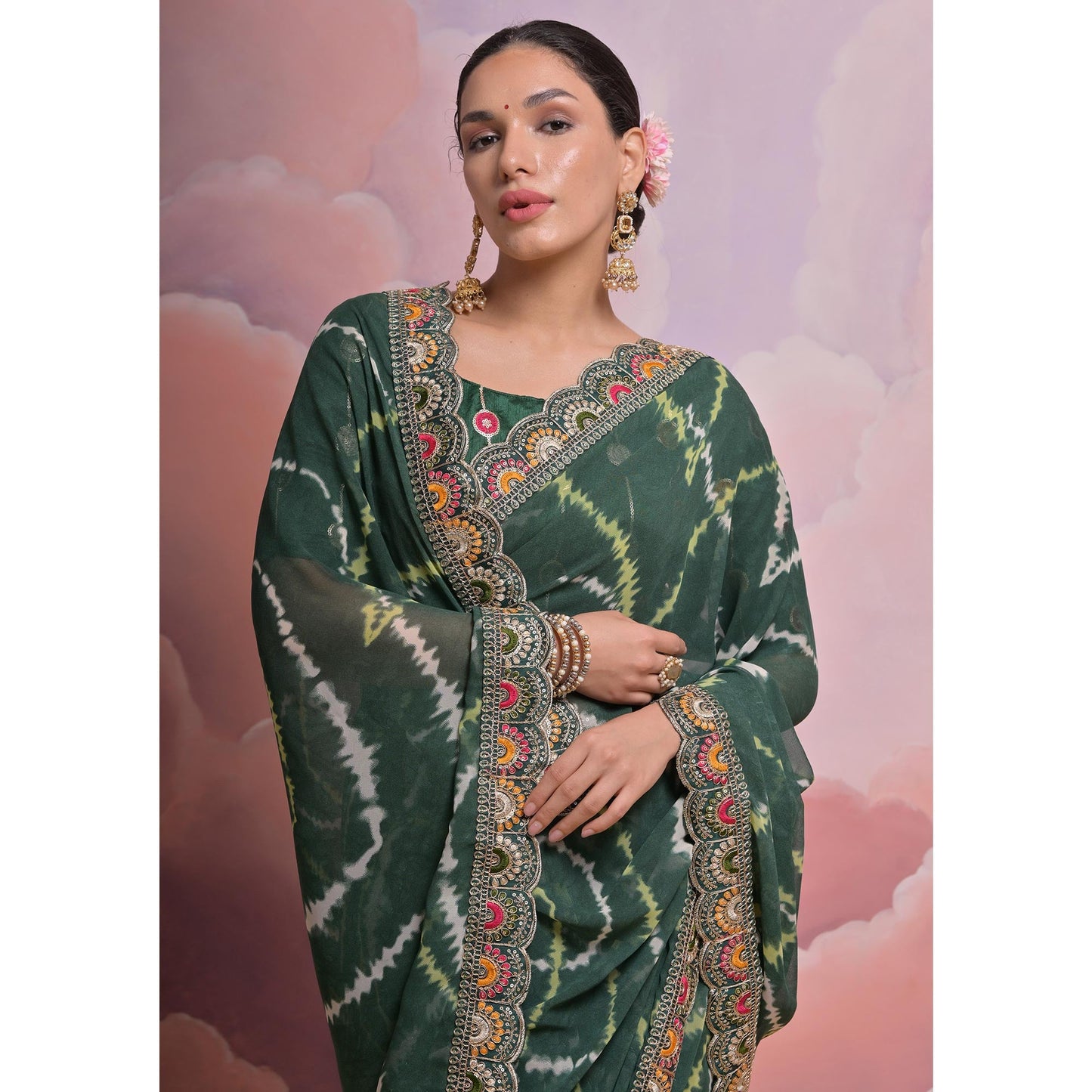 Green  Printed With Embroidered Border Georgette Saree